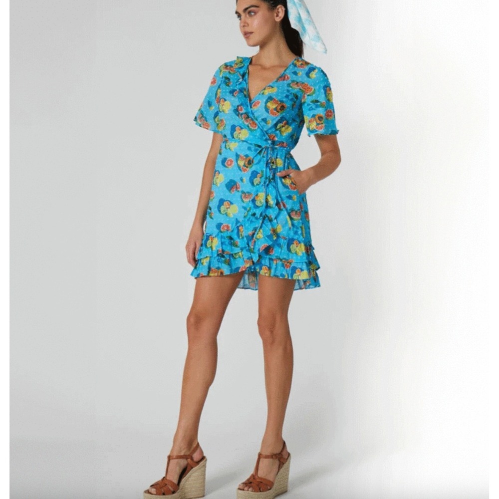 Rachel Antonoff Abby Wrap Dress Citrus Fruit Print Ruffle Hem XXL Maximalist‎